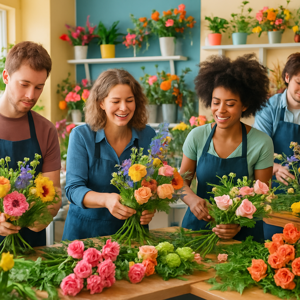 A team of florists working on floral arrangements