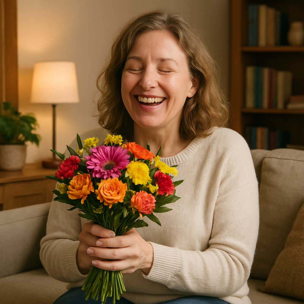 Customer with bouquet