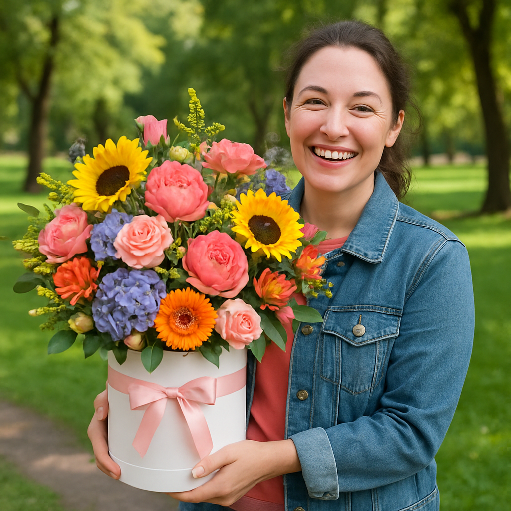 Customer with colorful flowers